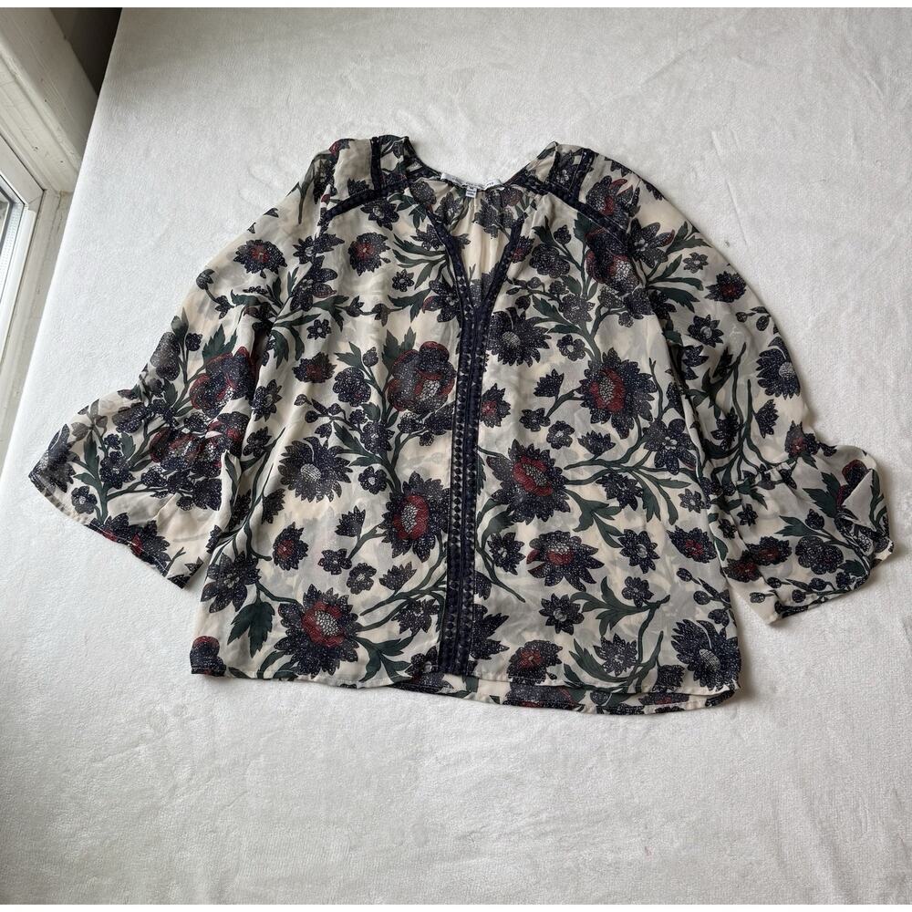 Collective Concepts Floral Sheer Women's Blouse Size Medium Quarter Sleeves